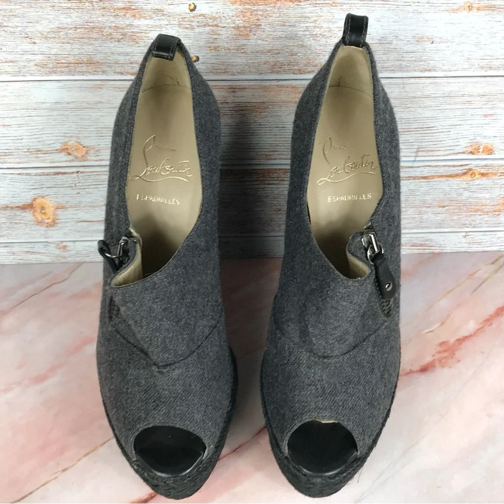 Christian Louboutin Deroba Platform Wedge Peep-toe Gray Espadrille Red Bottoms